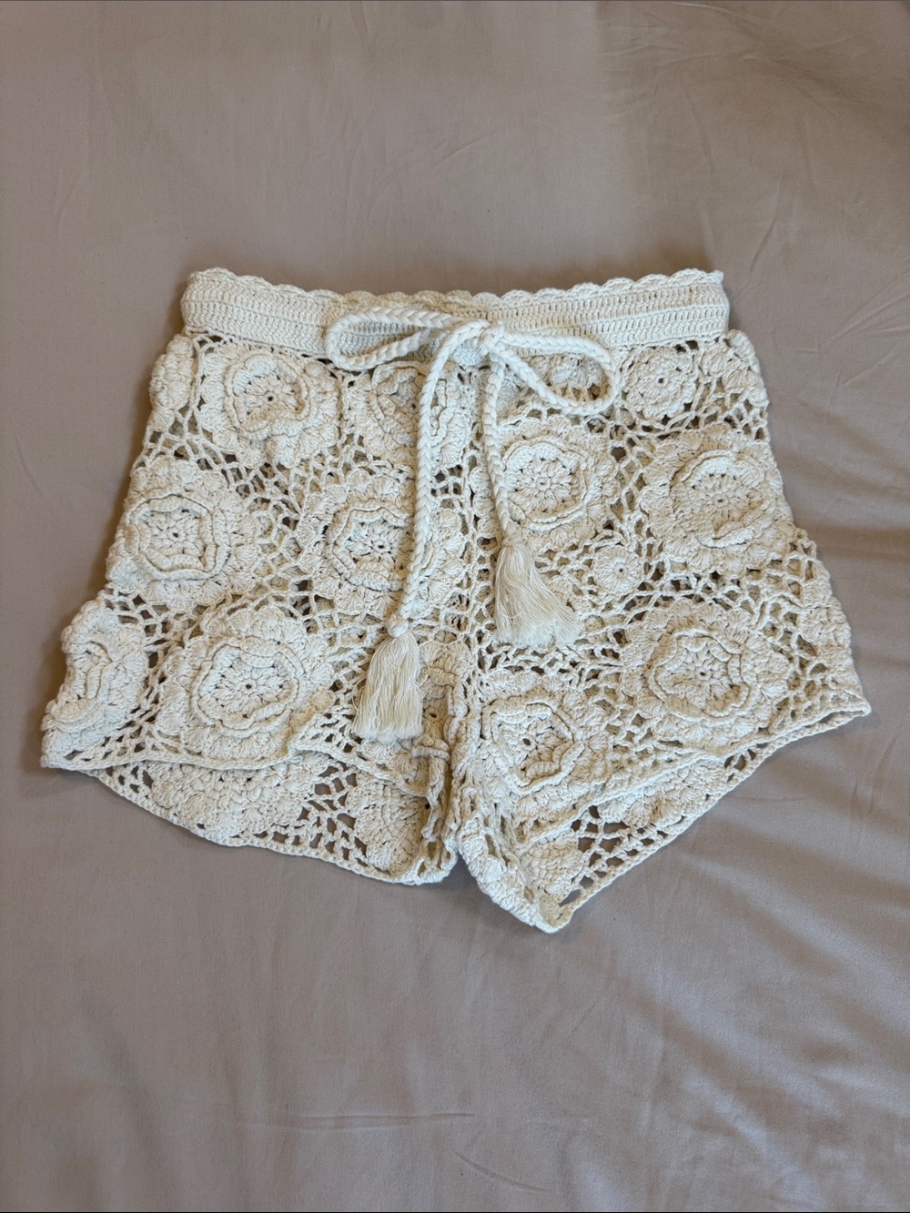 Tularosa Crochet Floral Lace High Waist Shorts - Cream